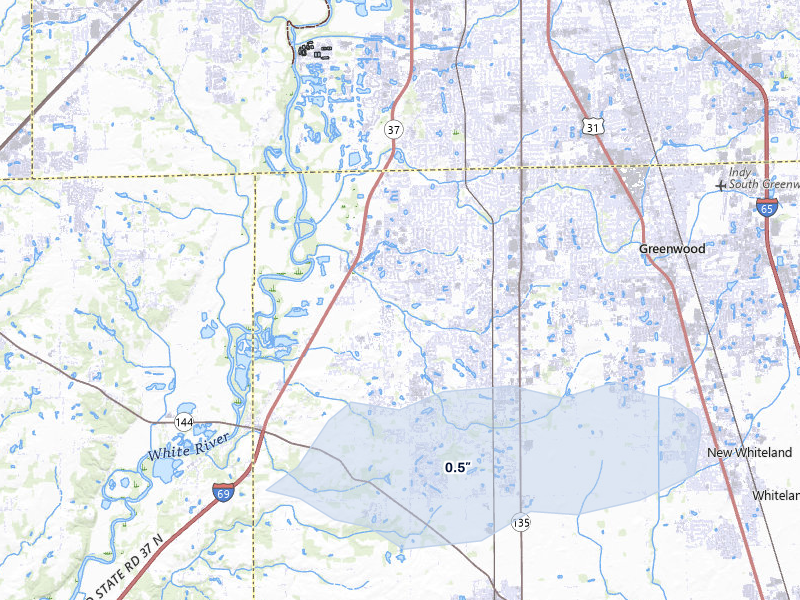 NEXRAD radar-signature map of the hail storm over Greenwood, IN on May 4, 2026