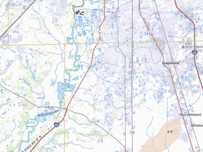 Radar-estimated hail-size map of the storm over Greenwood, IN on Jul 3, 2026