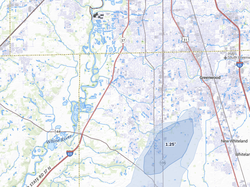 NEXRAD radar-signature map of the hail storm over Greenwood, IN on Jul 3, 2026