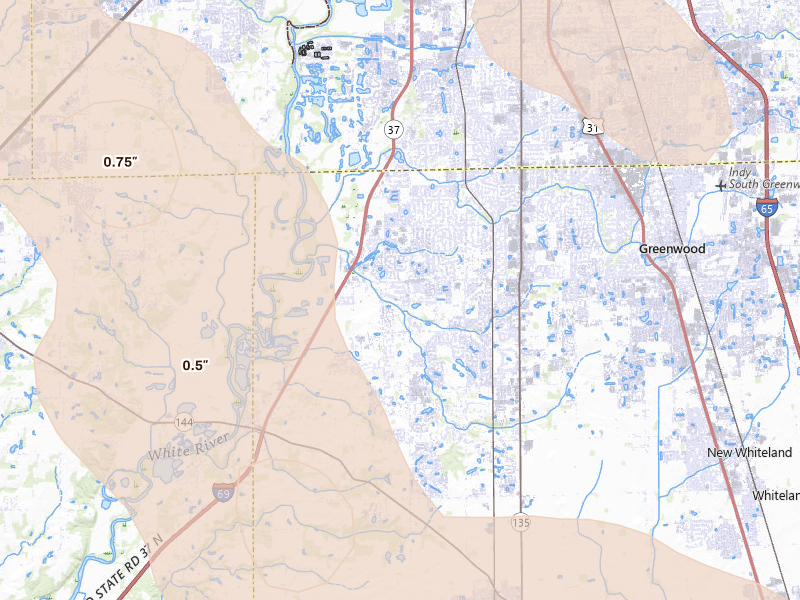 Radar-estimated hail-size map of the storm over Greenwood, IN on Jul 27, 2026