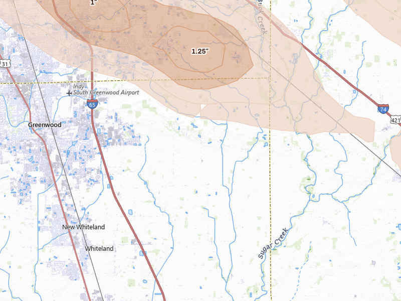Radar-estimated hail-size map of the storm over Greenwood, IN on Aug 11, 2026