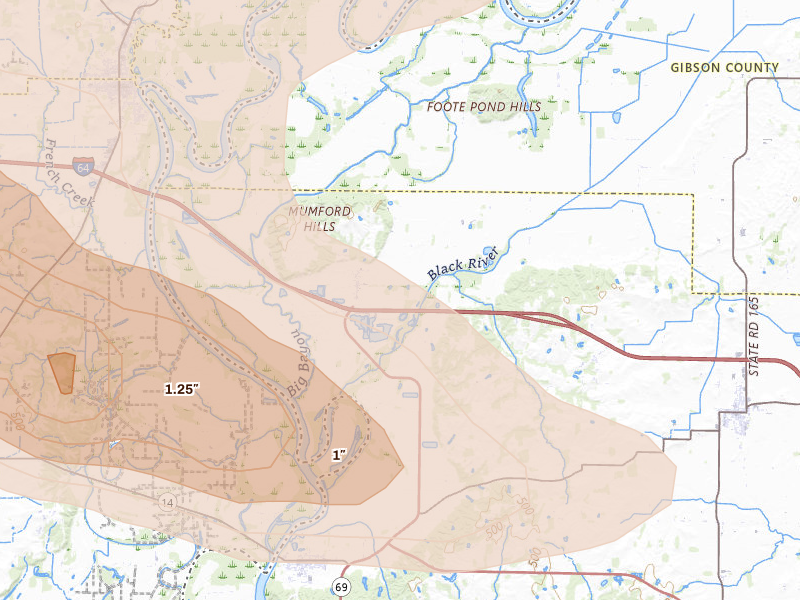 Radar-estimated hail-size map of the storm over Griffin, IN on May 16, 2026