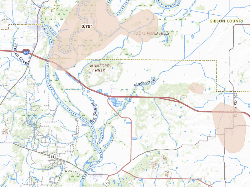 Radar-estimated hail-size map of the storm over Griffin, IN on Jul 4, 2026