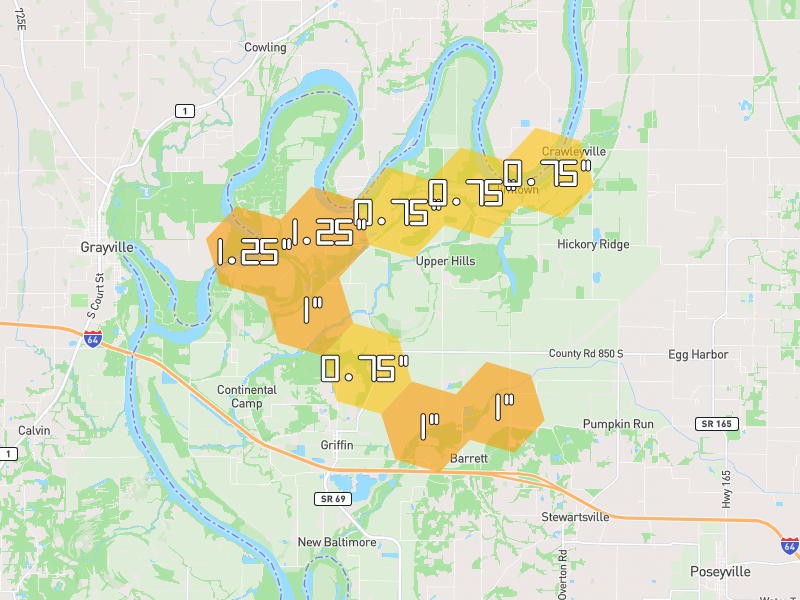 Hail map of Griffin, IN on Jul 4, 2026, hail up to 1.25"