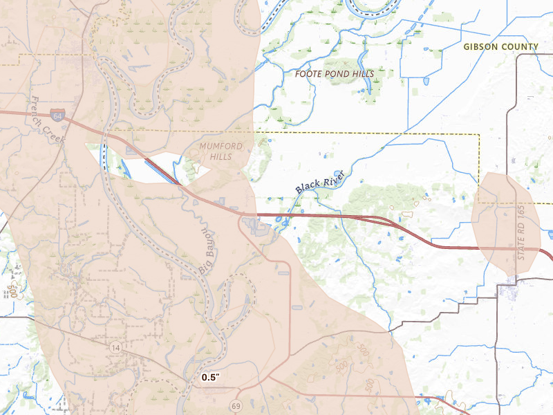 Radar-estimated hail-size map of the storm over Griffin, IN on Jul 26, 2026