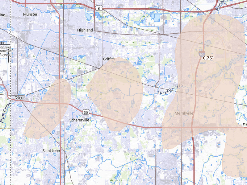 Radar-estimated hail-size map of the storm over Griffith, IN on Mar 10, 2026