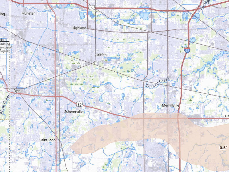 Radar-estimated hail-size map of the storm over Griffith, IN on Mar 31, 2026