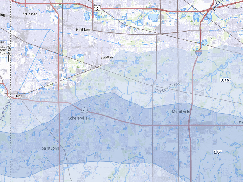 NEXRAD radar-signature map of the hail storm over Griffith, IN on Mar 31, 2026