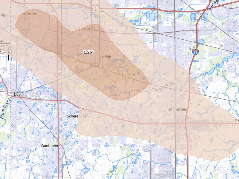 Radar-estimated hail-size map of the storm over Griffith, IN on Jun 24, 2026