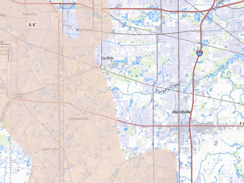 Radar-estimated hail-size map of the storm over Griffith, IN on Jul 27, 2026