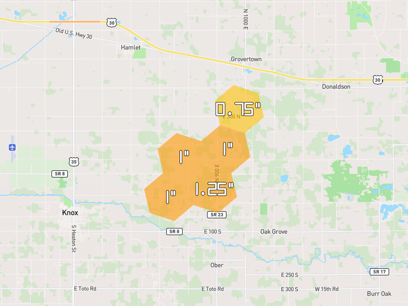 Hail map of Grovertown, IN on Jul 3, 2026, hail up to 1.25"