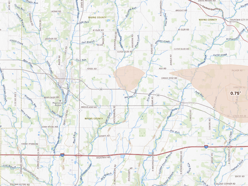Radar-estimated hail-size map of the storm over Hagerstown, IN on Sep 16, 2026