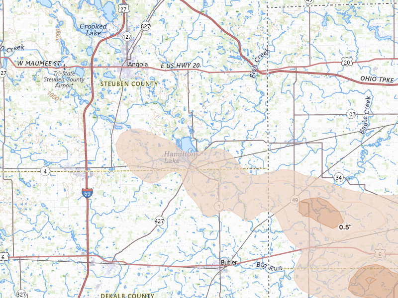 Radar-estimated hail-size map of the storm over Hamilton, IN on Mar 26, 2026