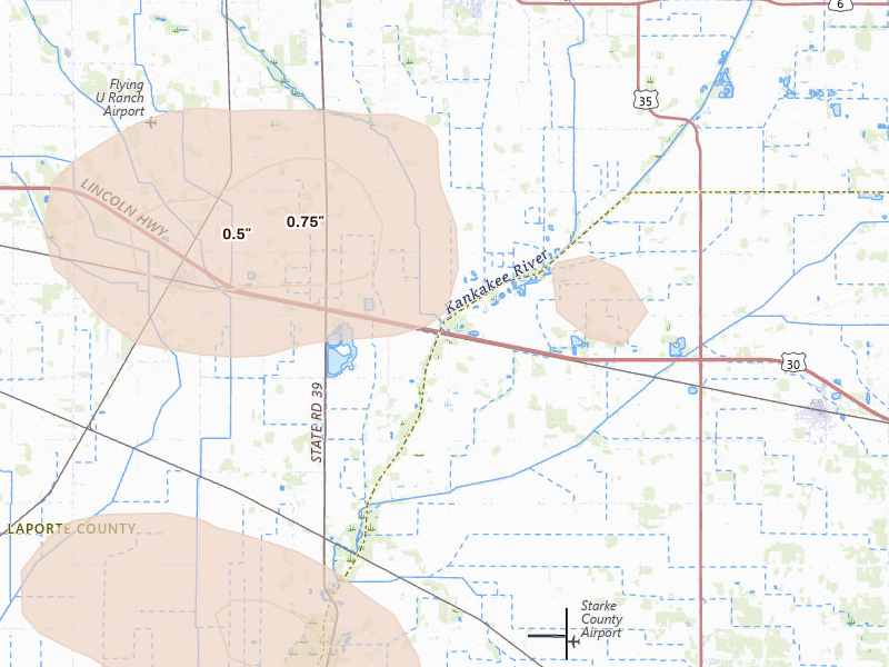 Radar-estimated hail-size map of the storm over Hamlet, IN on Aug 9, 2026