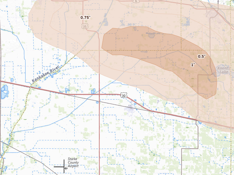 Radar-estimated hail-size map of the storm over Hamlet, IN on Aug 10, 2026