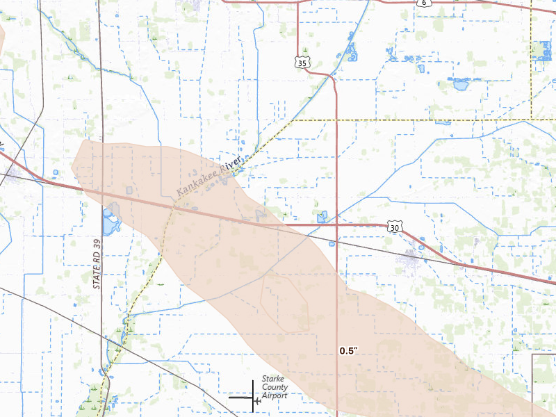 Radar-estimated hail-size map of the storm over Hamlet, IN on Aug 11, 2026