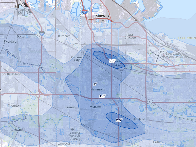 NEXRAD radar-signature map of the hail over Hammond, IN