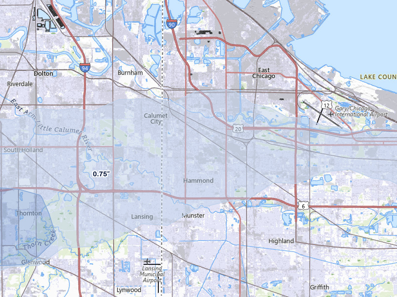 NEXRAD radar-signature map of the hail storm over Hammond, IN on May 4, 2026