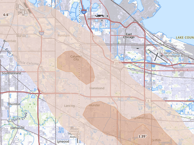 Radar-estimated hail-size map of the storm over Hammond, IN