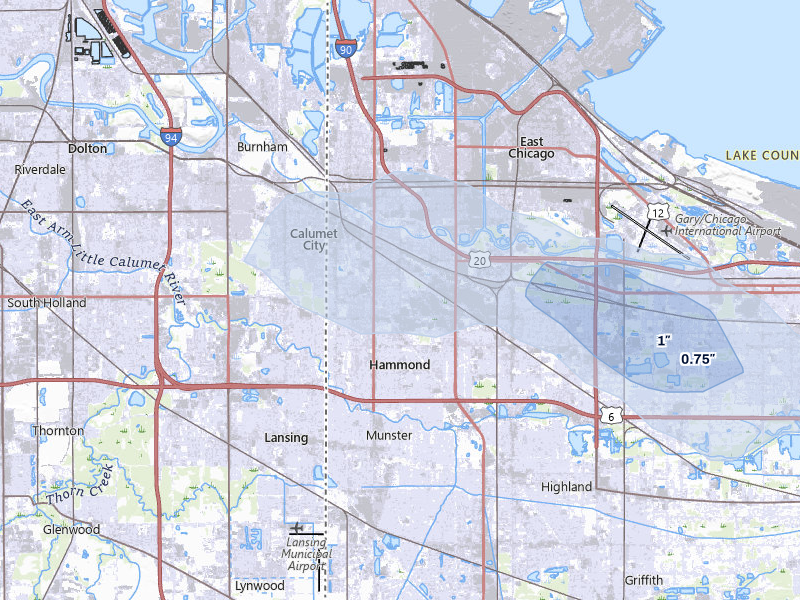 NEXRAD radar-signature map of the hail over Hammond, IN