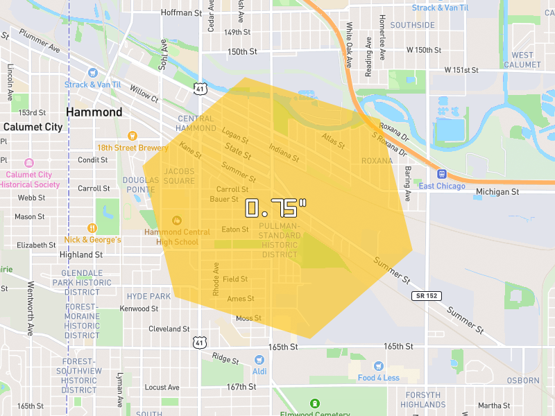 Hail map of Hammond, IN on Jul 21, 2026, hail up to 0.75"