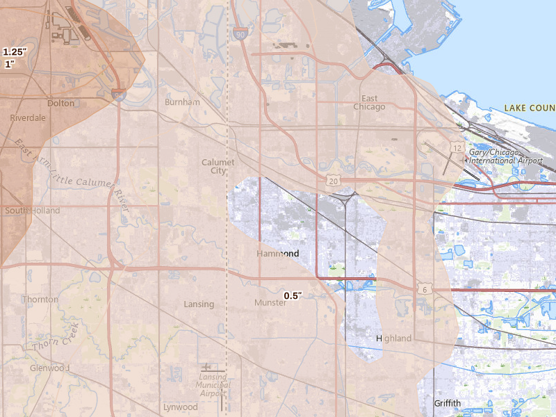 Radar-estimated hail-size map of the storm over Hammond, IN