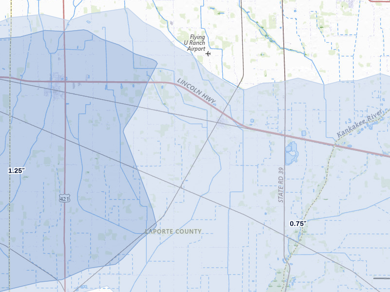 NEXRAD radar-signature map of the hail over Hanna, IN