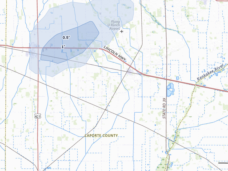 NEXRAD radar-signature map of the hail storm over Hanna, IN on Jul 3, 2026