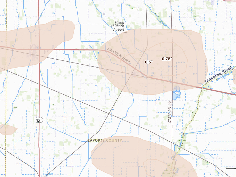 Radar-estimated hail-size map of the storm over Hanna, IN on Aug 9, 2026