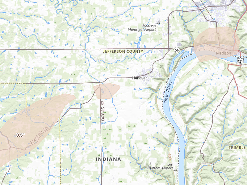 Radar-estimated hail-size map of the storm over Hanover, IN on Apr 1, 2026