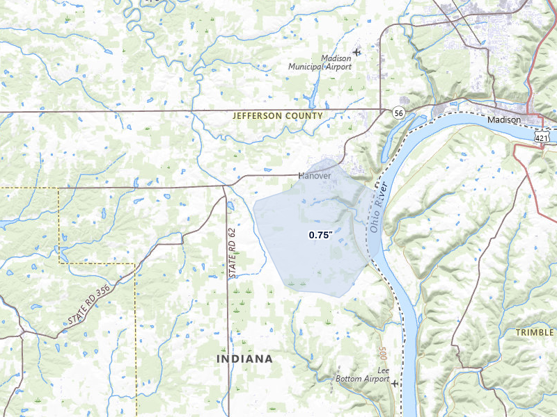 NEXRAD radar-signature map of the hail storm over Hanover, IN on Apr 1, 2026