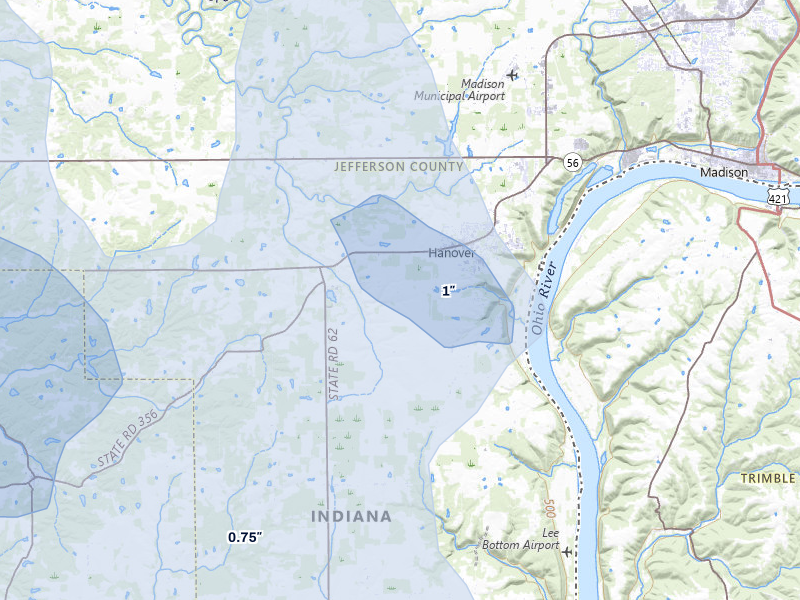 NEXRAD radar-signature map of the hail over Hanover, IN