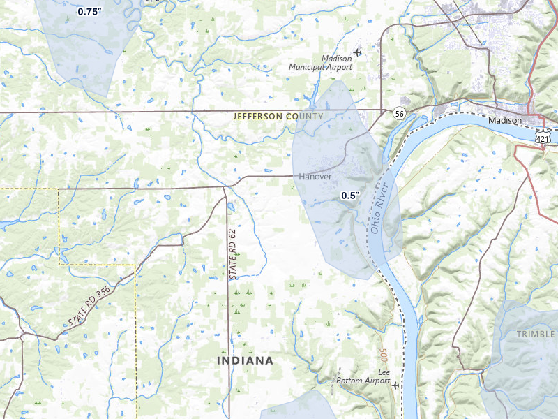 NEXRAD radar-signature map of the hail storm over Hanover, IN on Jul 27, 2026
