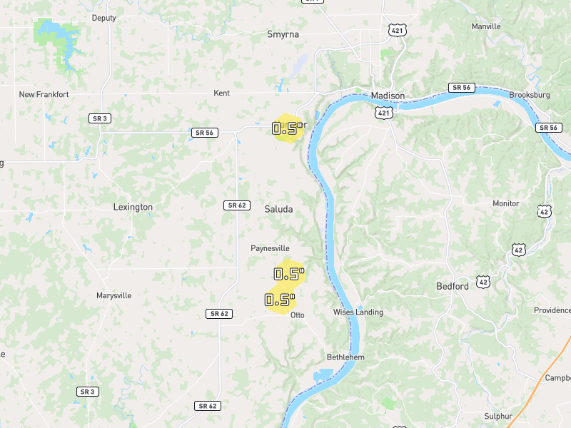 Hail map of Hanover, IN on Jul 28, 2026, hail up to 0.5"