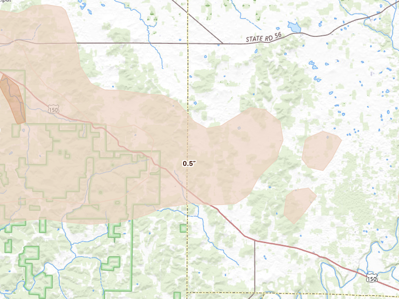 Radar-estimated hail-size map of the storm over Hardinsburg, IN on Mar 22, 2026