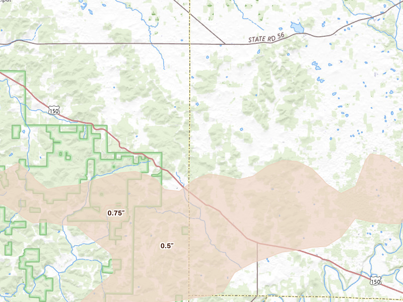Radar-estimated hail-size map of the storm over Hardinsburg, IN on May 16, 2026