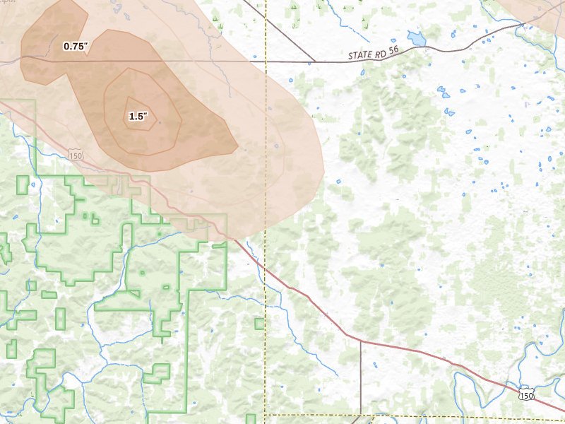 Radar-estimated hail-size map of the storm over Hardinsburg, IN on Aug 11, 2026