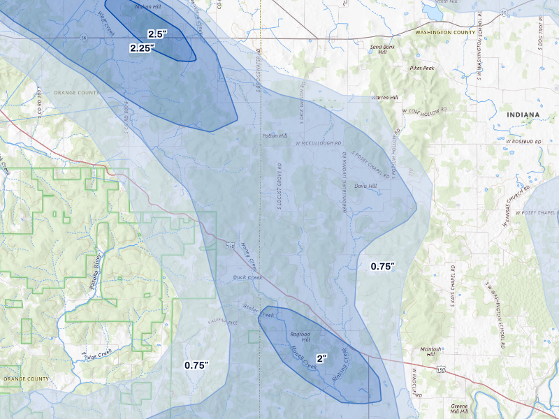 NEXRAD radar-signature map of the hail storm over Hardinsburg, IN on Aug 11, 2026