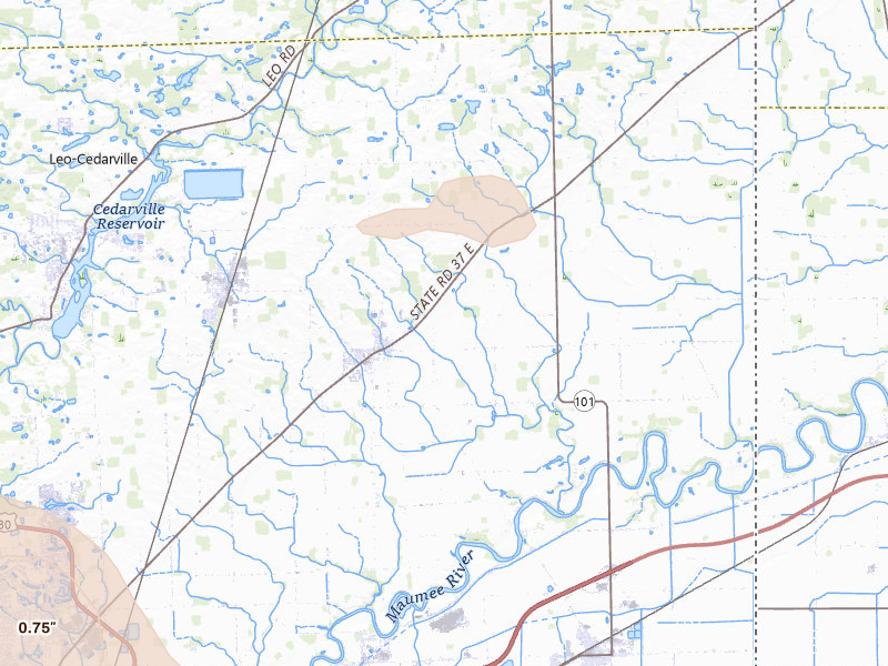 Radar-estimated hail-size map of the storm over Harlan, IN on Sep 4, 2026