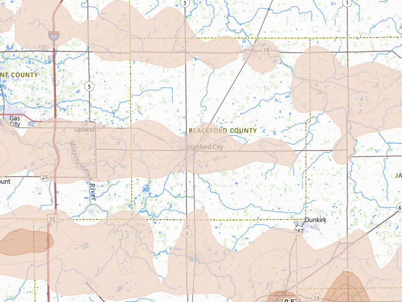 Radar-estimated hail-size map of the storm over Hartford City, IN on Mar 22, 2026