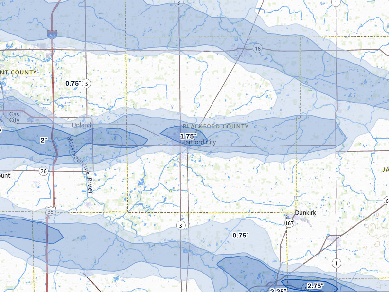 NEXRAD radar-signature map of the hail storm over Hartford City, IN on Mar 22, 2026