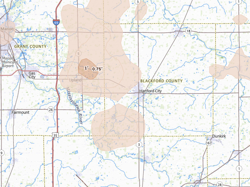 Radar-estimated hail-size map of the storm over Hartford City, IN on Aug 10, 2026