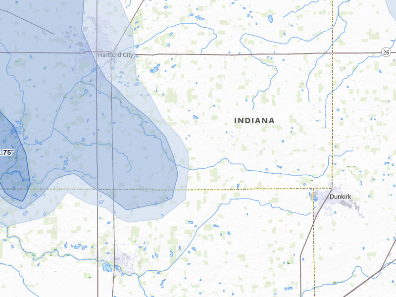 NEXRAD radar-signature map of the hail storm over Hartford City, IN on Aug 10, 2026