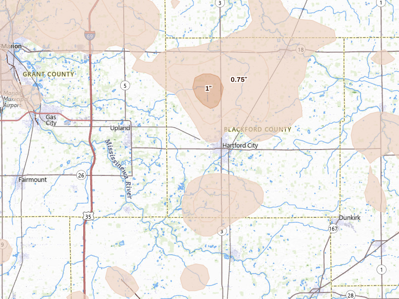 Radar-estimated hail-size map of the storm over Hartford City, IN on Aug 11, 2026