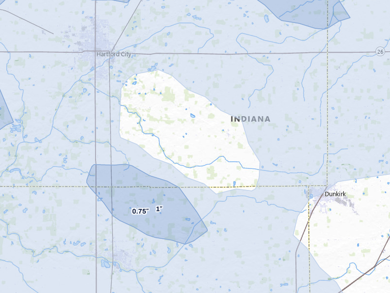 NEXRAD radar-signature map of the hail storm over Hartford City, IN on Aug 11, 2026