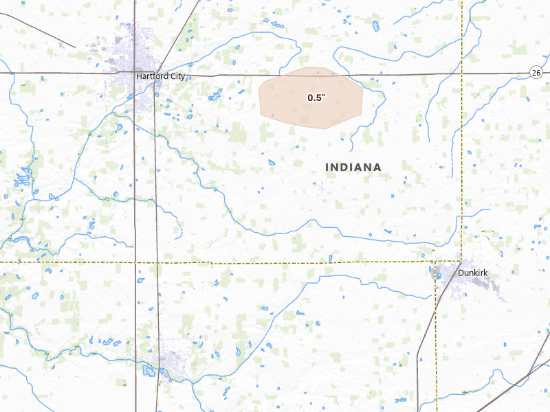 Radar-estimated hail-size map of the storm over Hartford City, IN on Aug 30, 2026