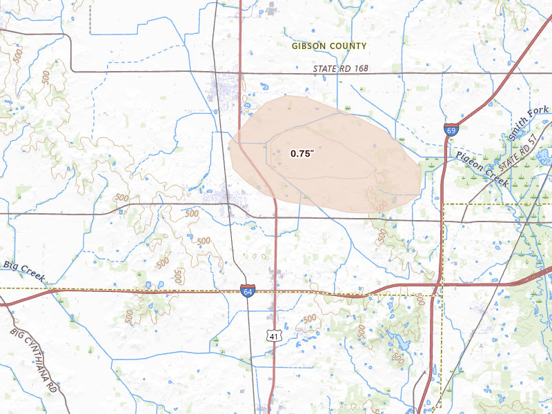 Radar-estimated hail-size map of the storm over Haubstadt, IN on Jun 25, 2026