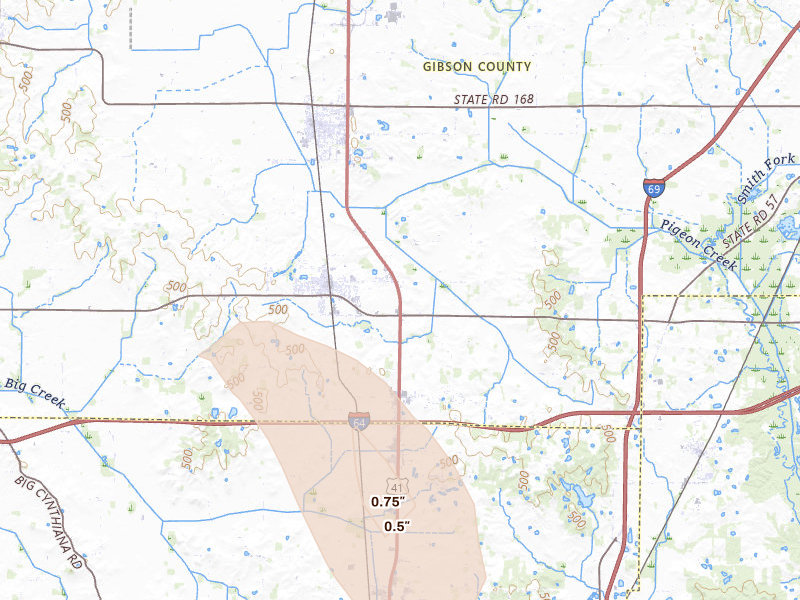 Radar-estimated hail-size map of the storm over Haubstadt, IN on Jul 26, 2026