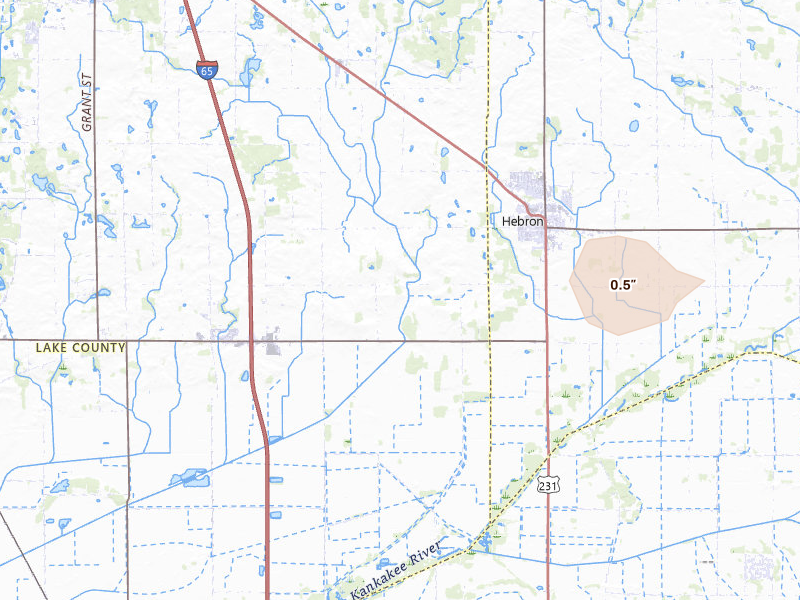 Radar-estimated hail-size map of the storm over Hebron, IN on Mar 26, 2026