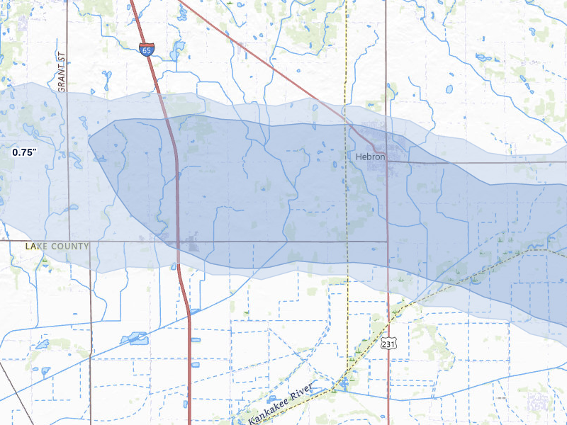 NEXRAD radar-signature map of the hail over Hebron, IN